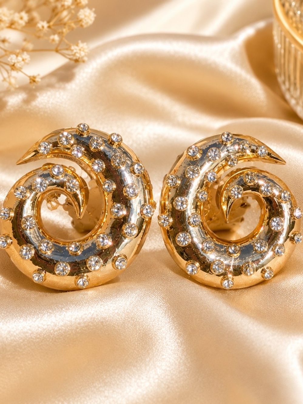 Anthropologie Gold Tone Rhinestone Swirl Statement Clip-On Earring